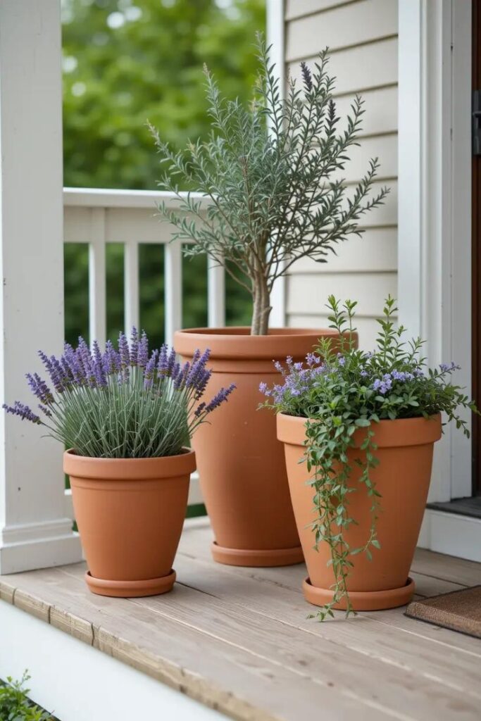 A small front porch with three stylish terracotta containers.