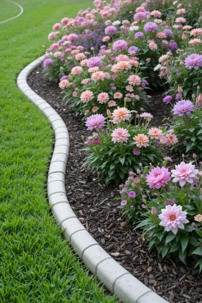 garden bed with a smooth, flowing curved border lined with mulch, showcasing layered flower heights in soft pinks and purples.