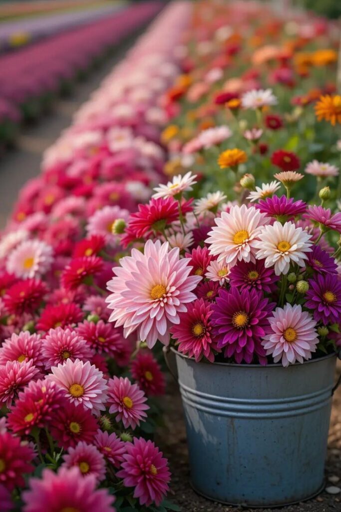 flower bed with vibrant dahlias and cosmos.