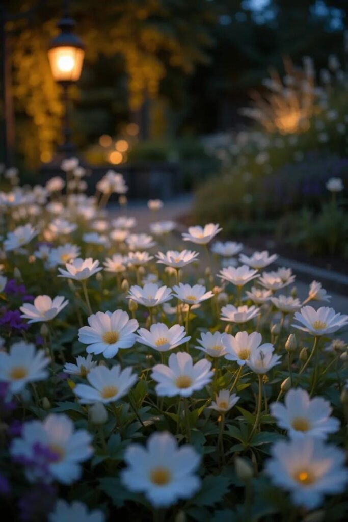 A softly lit garden bed featuring white moonflowers.