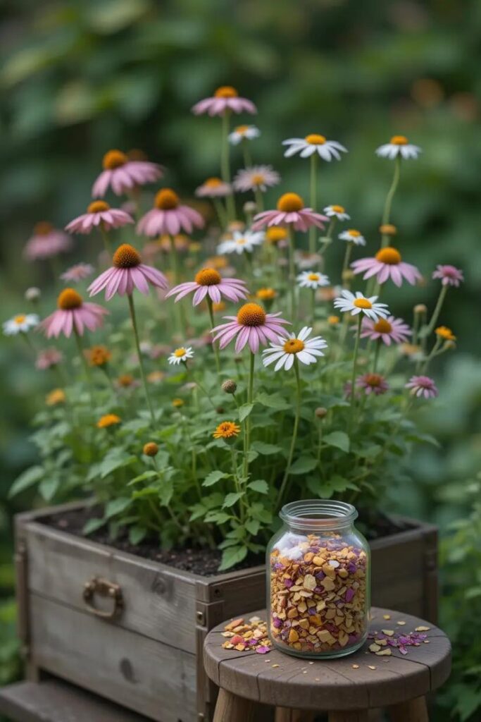 a raised herb bed with blooming echinacea, calendula, and chamomile. a glass jar of dried petals on a nearby stool.