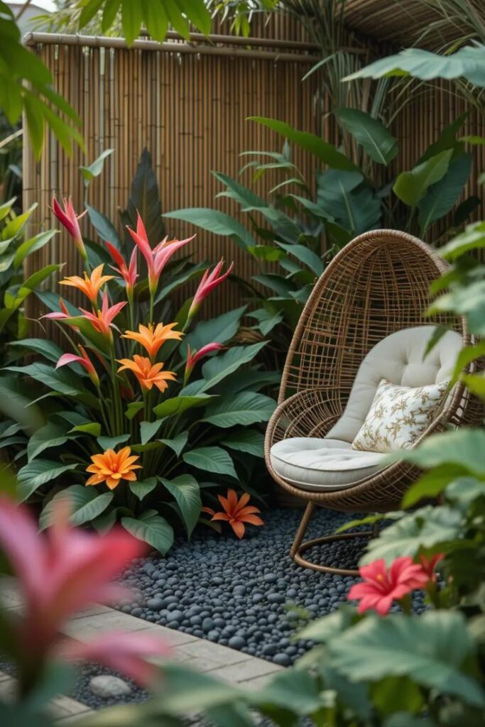 tropical-inspired flower beds.