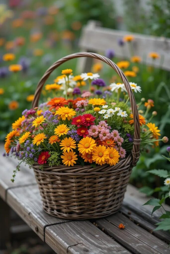 a tidy flower bed filled with calendula, nasturtiums, and chives. A rustic basket of freshly picked blooms.