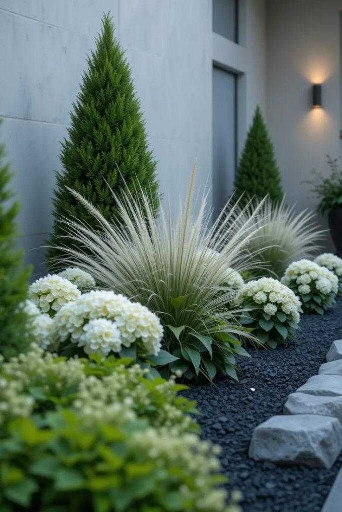 A foundation flower bed in front of a home with smooth light-gray stucco walls.