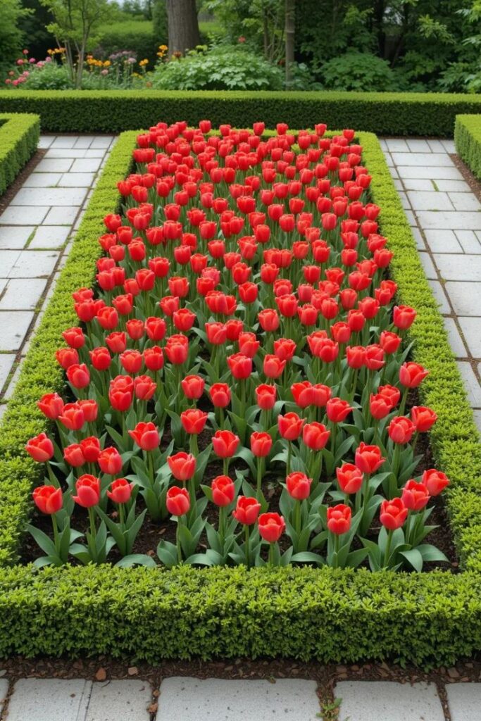 square flower bed with red tulips and trimmed boxwood borders and with light grey stone paths.