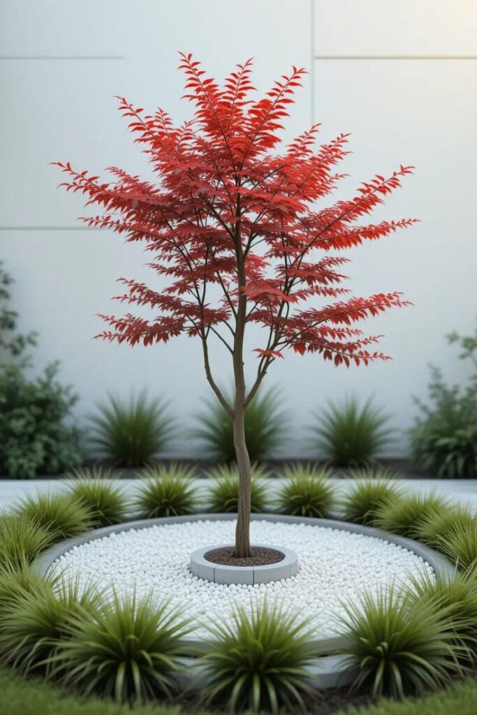 small Japanese maple tree in a raised circular bed of white gravel.