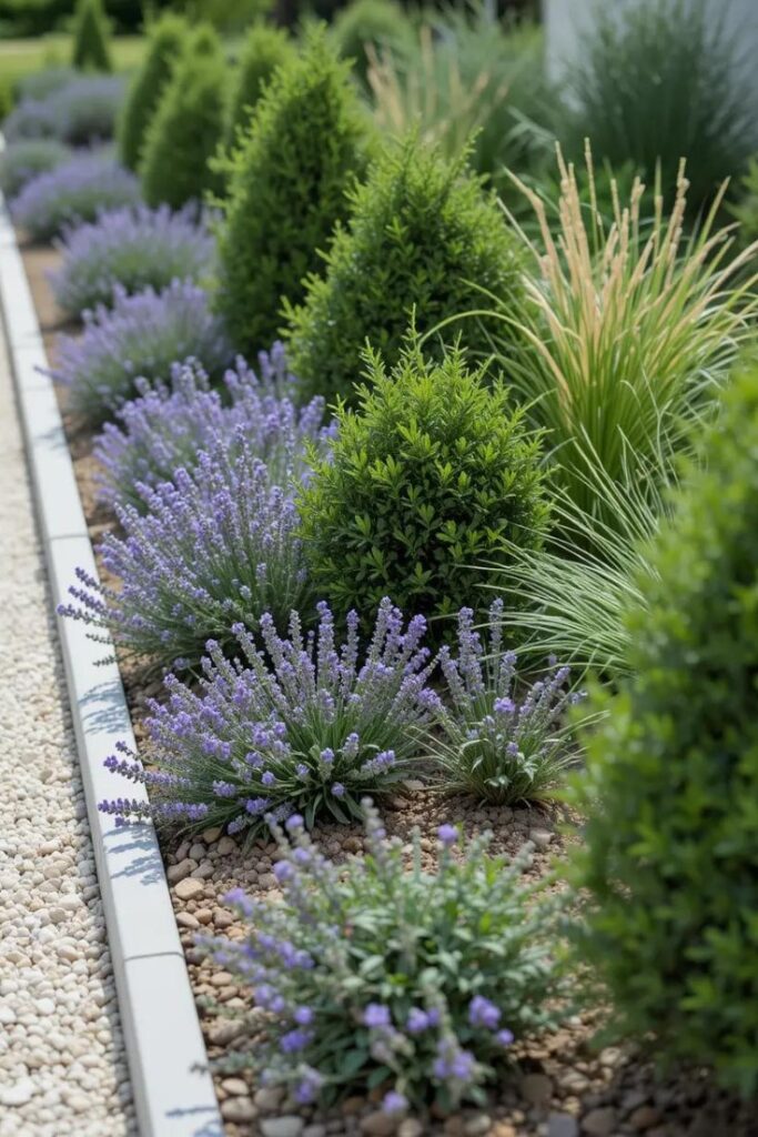 front yard vignette showing a bed with repeating plant patterns.