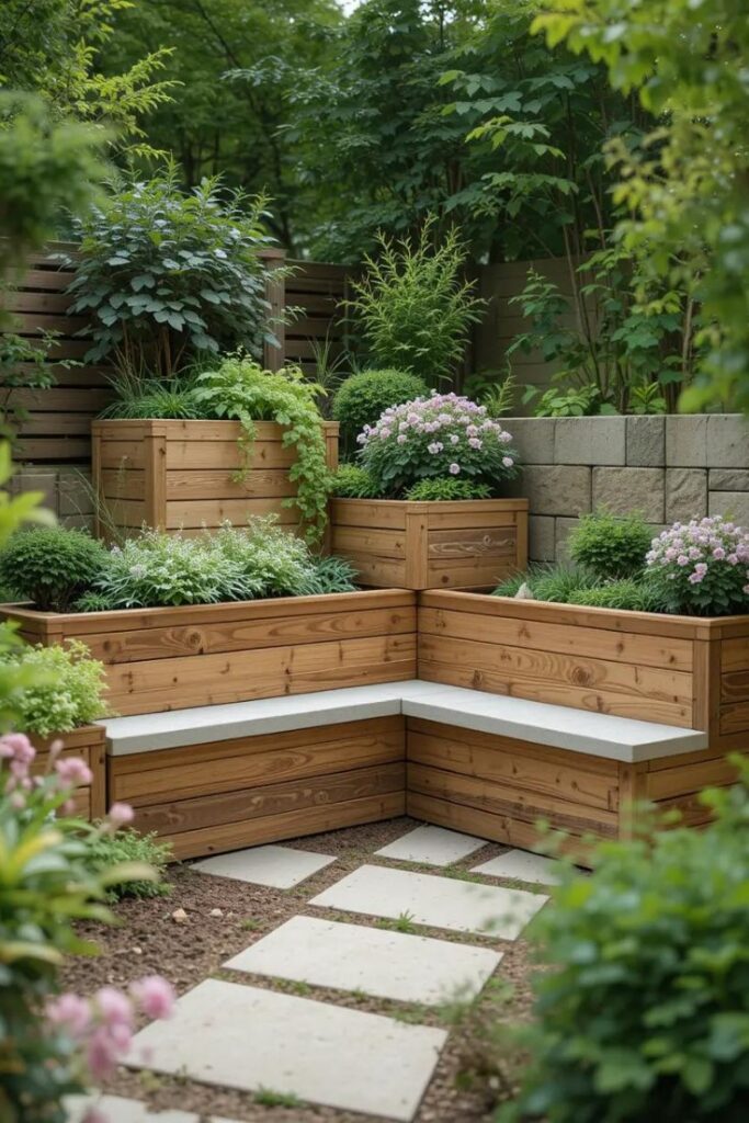 front yard landscaping corner with tiered wooden planters.