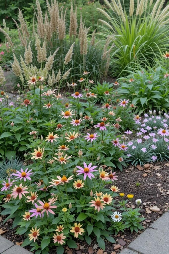 A native plant bed with wild columbine, coneflowers, and ornamental grasses.