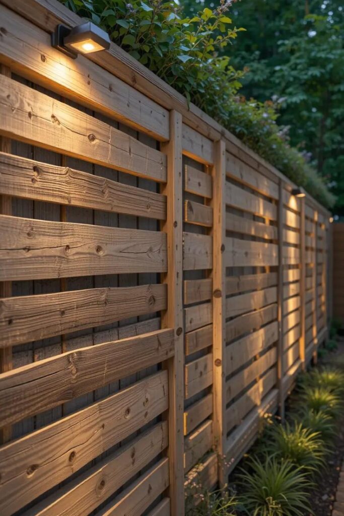 pallet fence illuminated by solar lights tucked along the top edge.