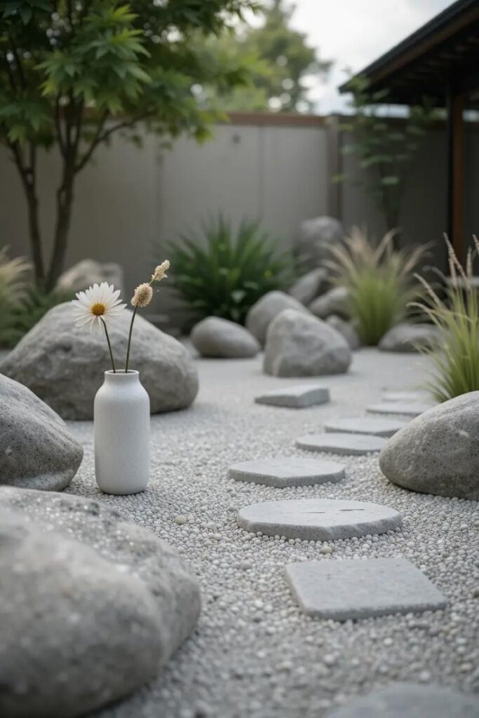 Rock landscaping design featuring a Japanese-inspired rock garden in a suburban backyard.