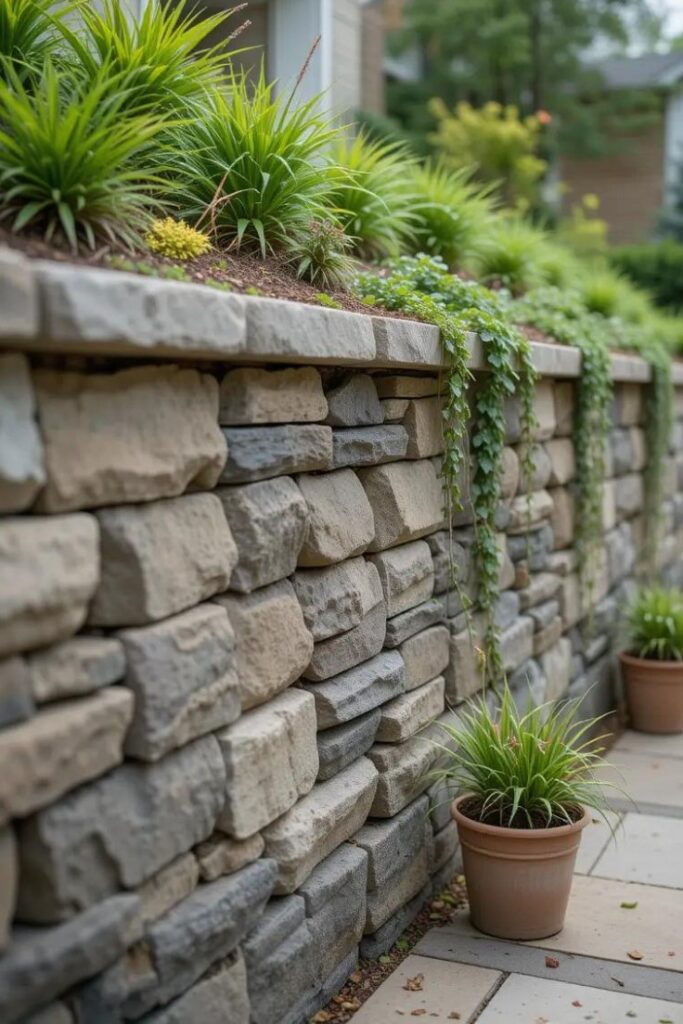 a stone retaining wall in a suburban garden.