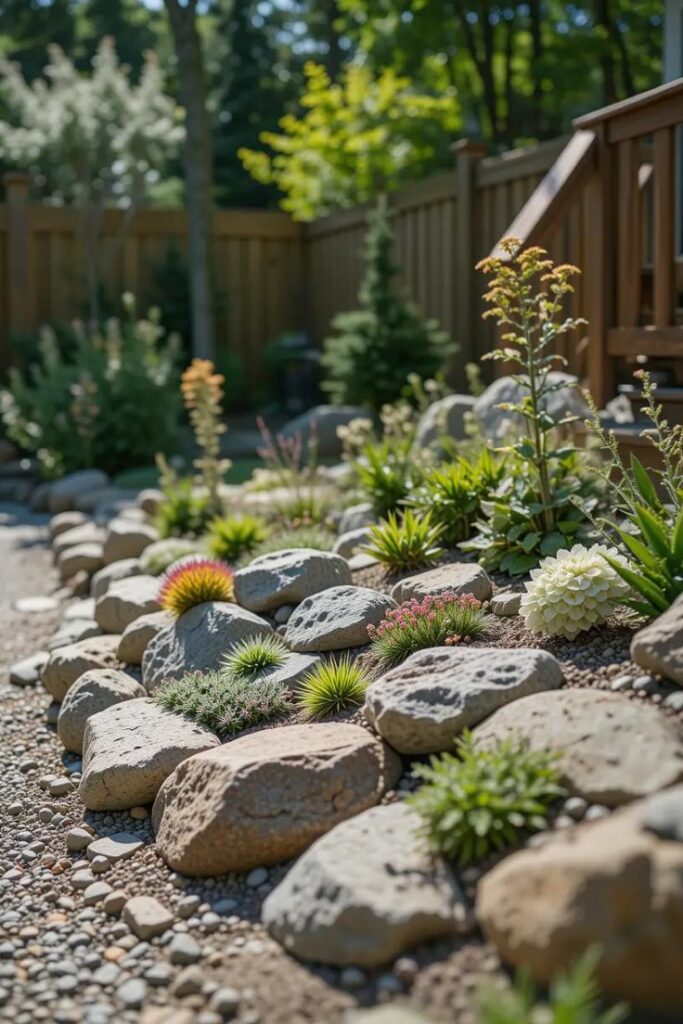 rock garden featuring alpine plants among medium-sized rocks in a corner of a backyard.