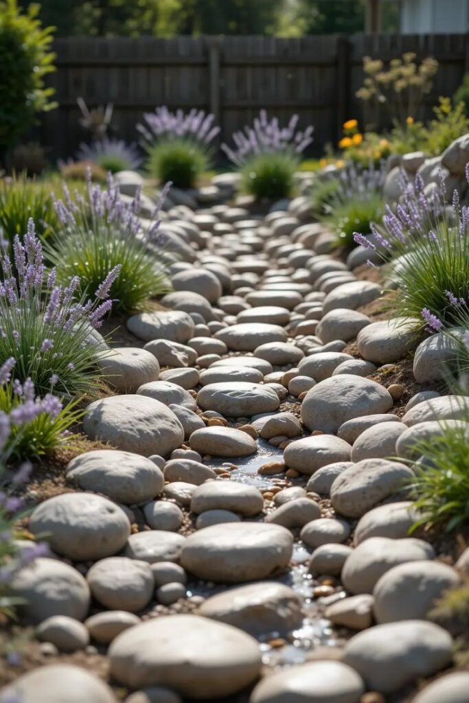 Rock landscaping design featuring a dry creek bed designed in a suburban garden backyard.