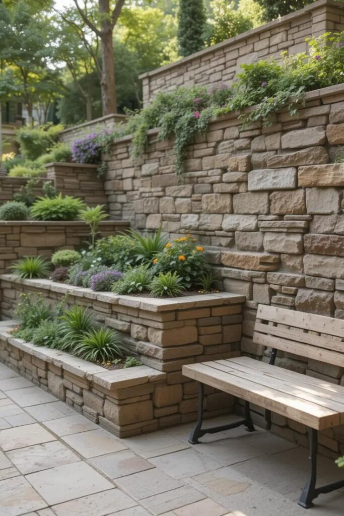 suburban garden with a rustic stone terraced wall supporting multiple levels of plants.