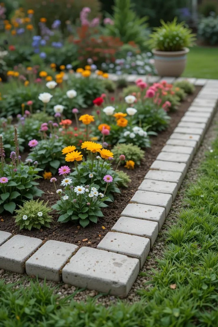 a garden bed bordered by a uniform stone edge, using smooth cobblestones.