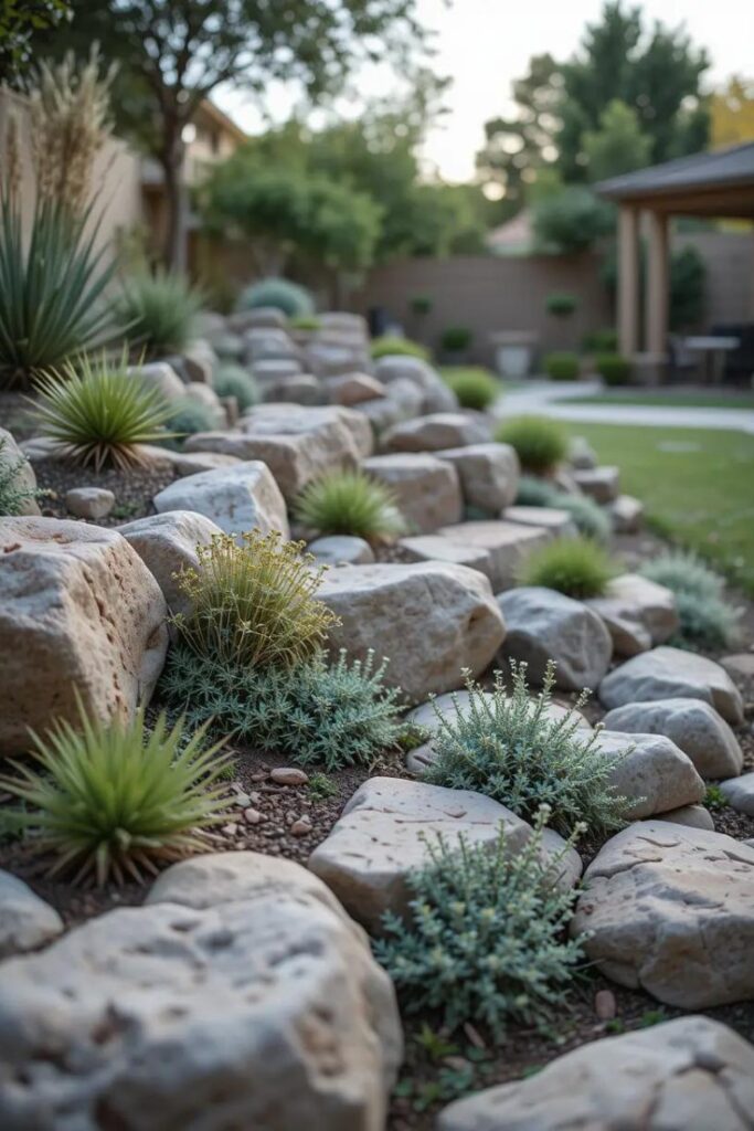 Rock landscaping design featuring a  sloped backyard garden with a mix of large stones and drought-tolerant plants.