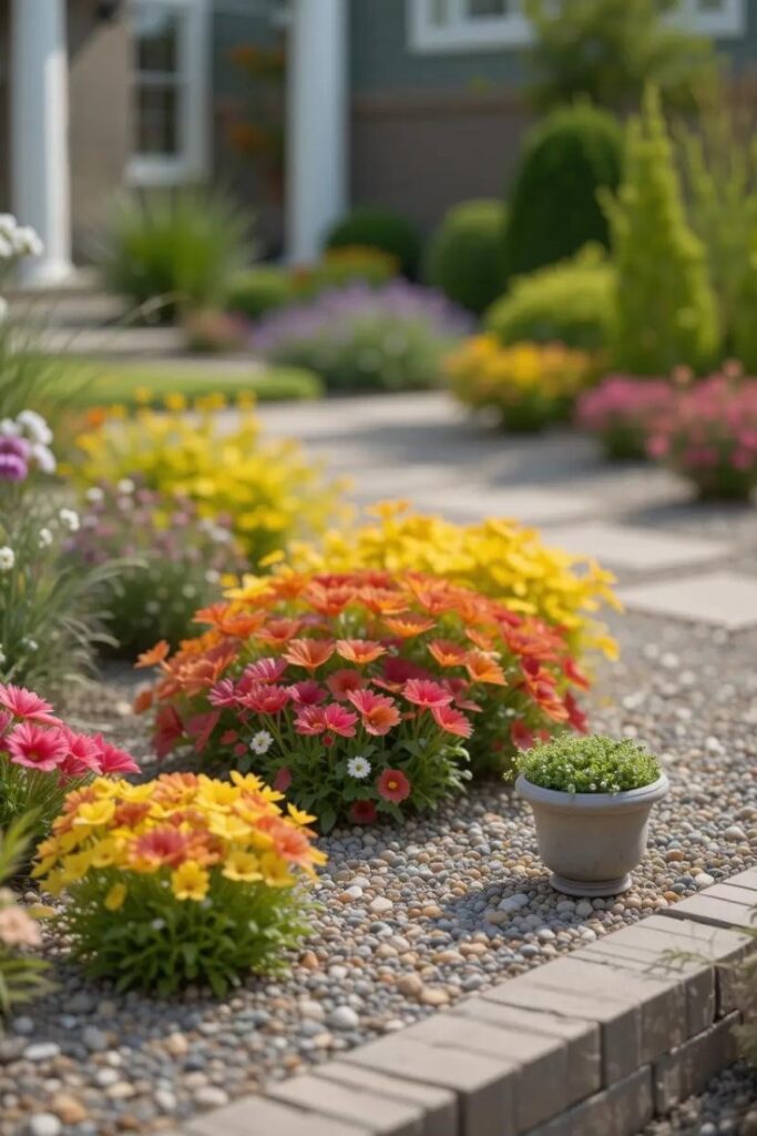 A garden bed filled with decorative pea gravel or crushed granite as a mulch alternative
