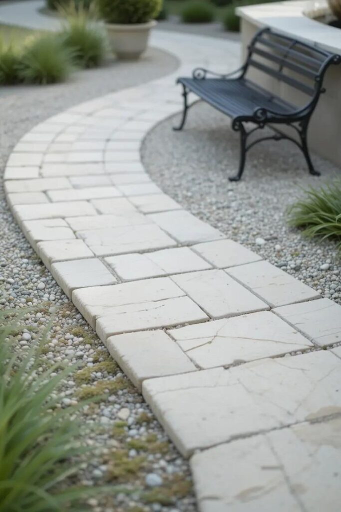 curved stone pathway made from pale pavers winds through a gravel bed.