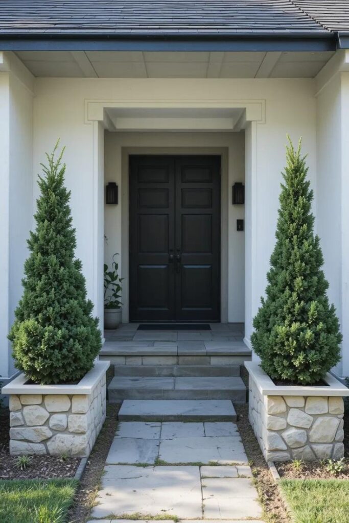 A front yard entrance with two identical planters flanking a stone path, each holding compact evergreens.