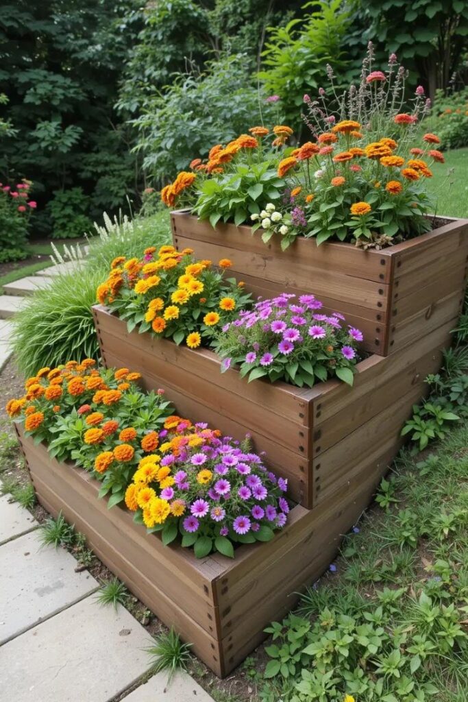Three-tier wooden garden bed on a gentle slope, each layer filled with blooms.
