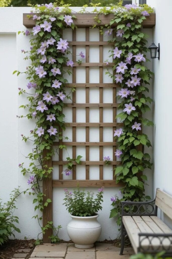 front yard with a wooden trellis mounted on a white wall, adorned with trailing ivy and blooming clematis in soft purples and greens.
