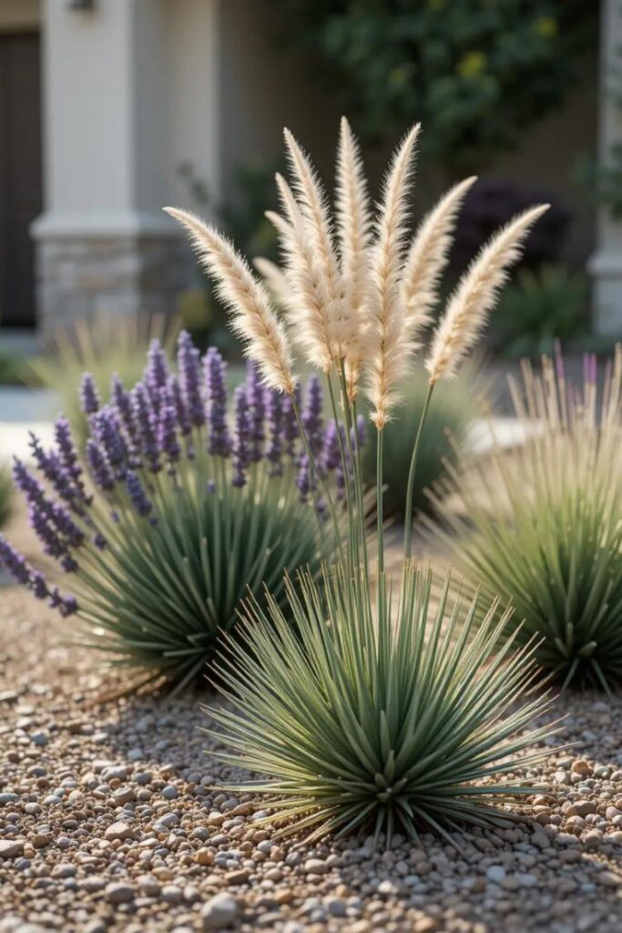 A xeriscape front yard with a trio of drought-tolerant native plants in a gravel bed.