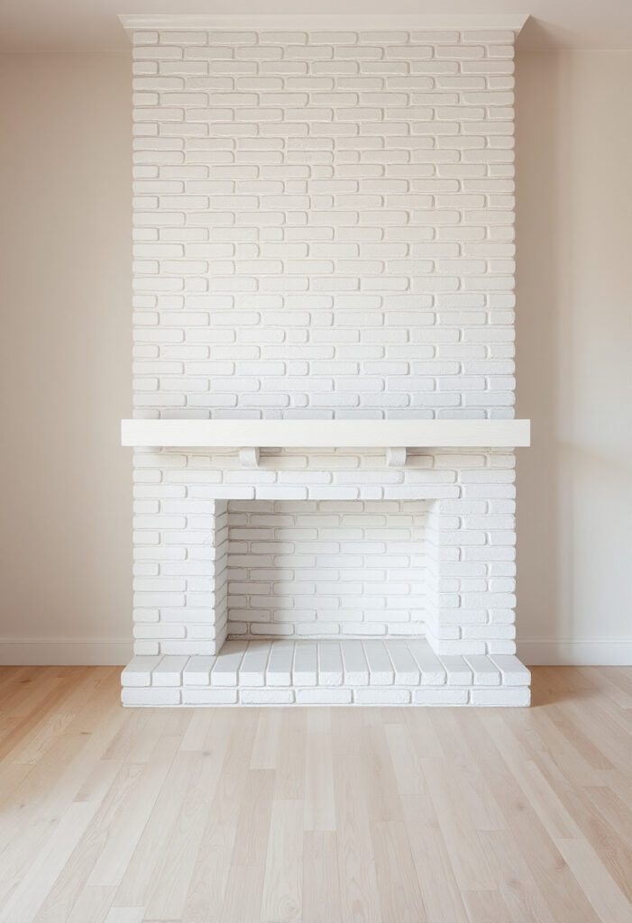 a whitewashed brick fireplace.