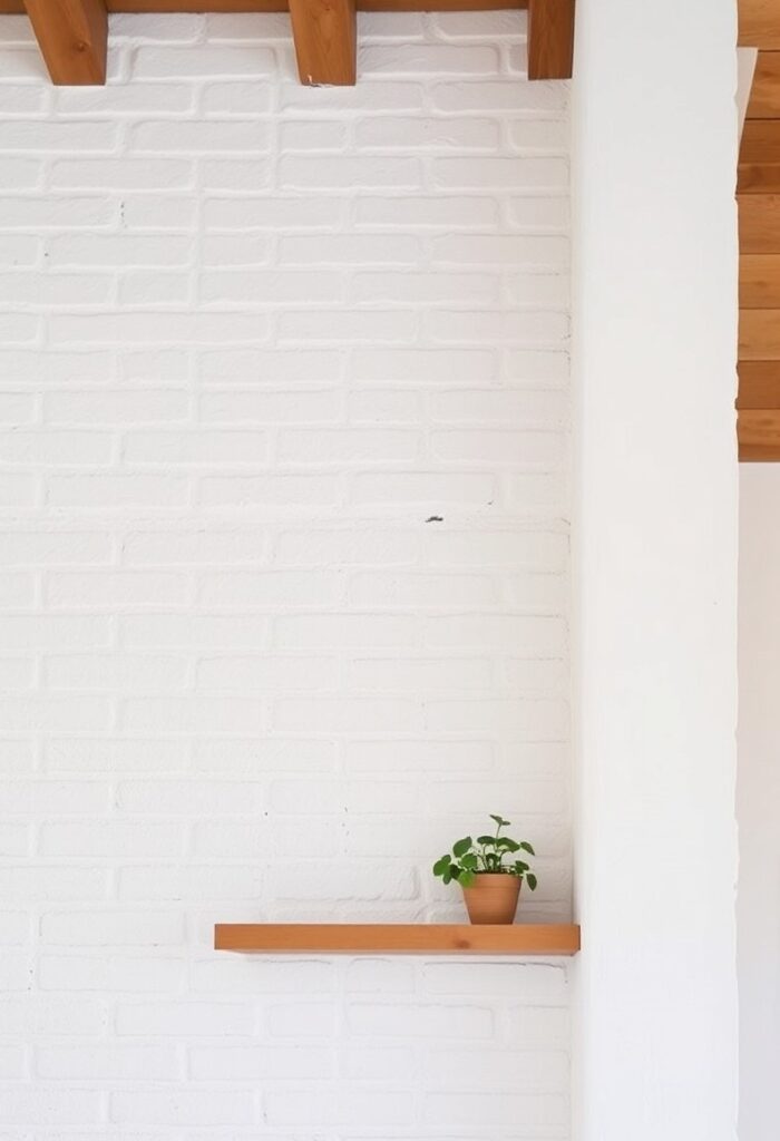 Interior with whitewashed brick wall and wooden ceiling beams, floating shelf with small plant.