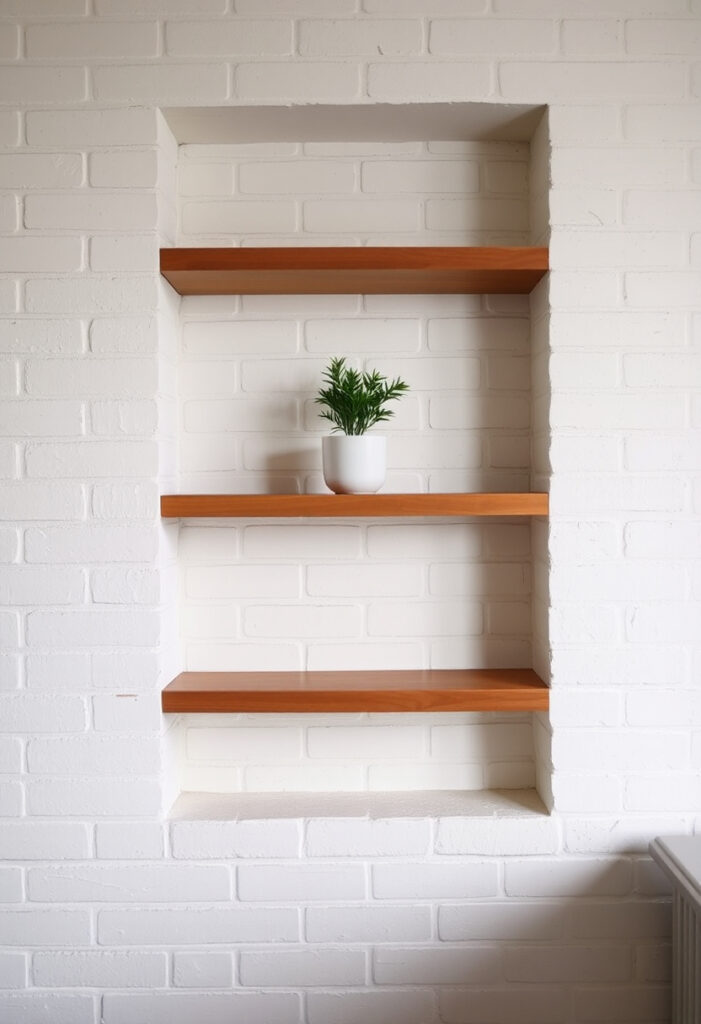 Built-in whitewashed brick shelves with small ceramic pot with greenery.