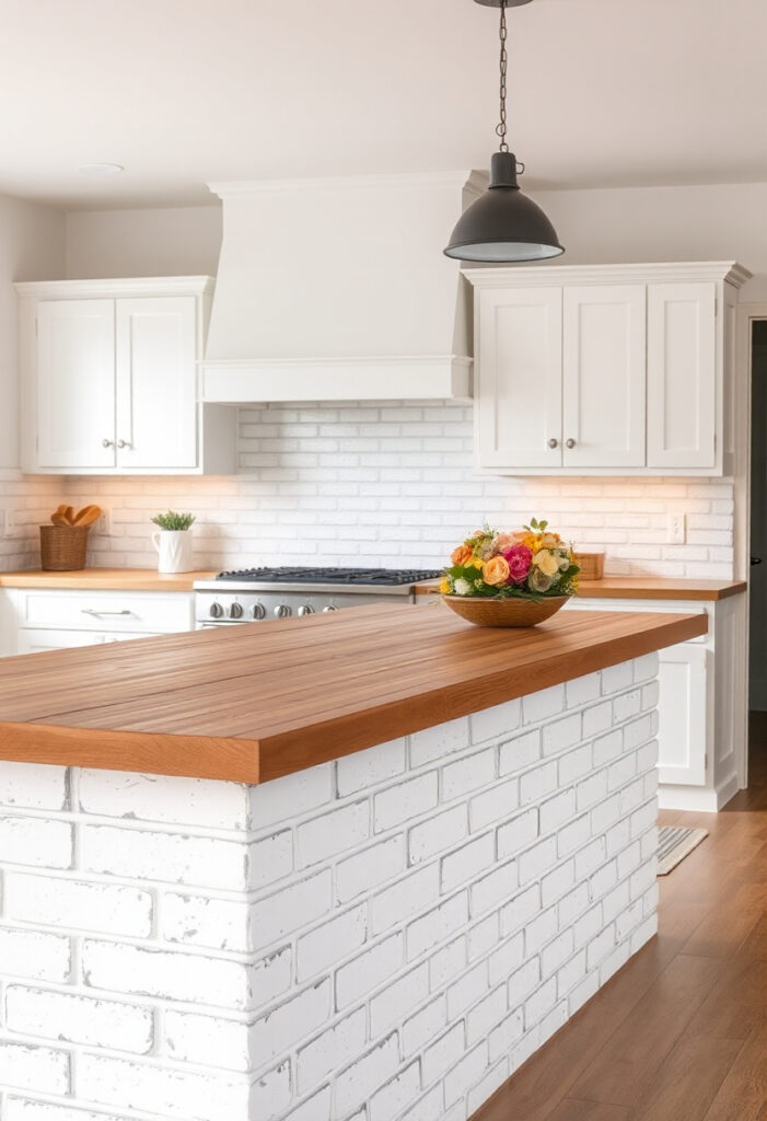 Kitchen island with whitewashed brick and a wooden countertop.
