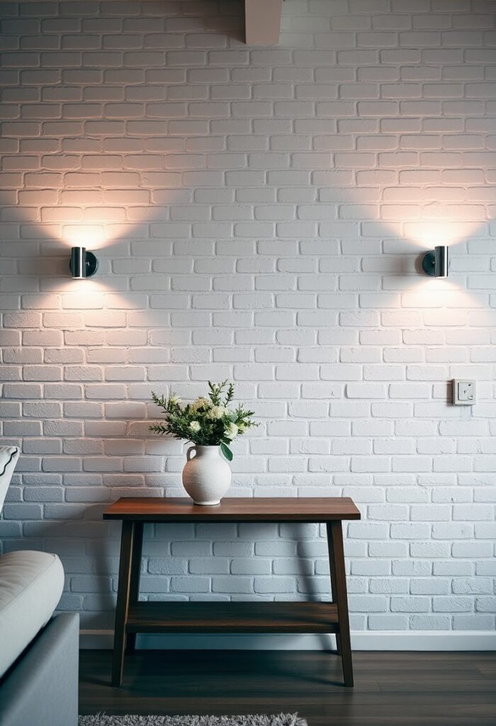 home interior with a whitewashed brick wall lit by wall sconces