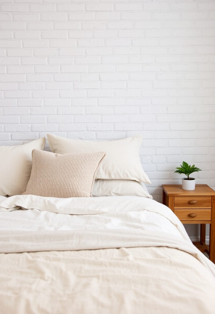 a bedroom with a whitewashed brick wall.