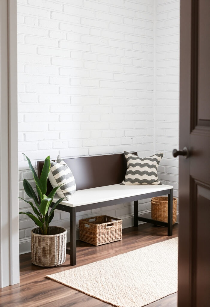 Entryway with whitewashed brick wall