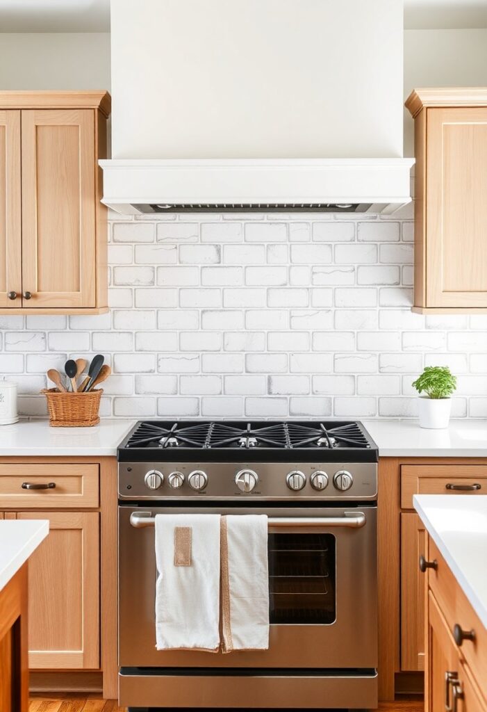 farmhouse-style kitchen with a whitewashed brick backsplash.