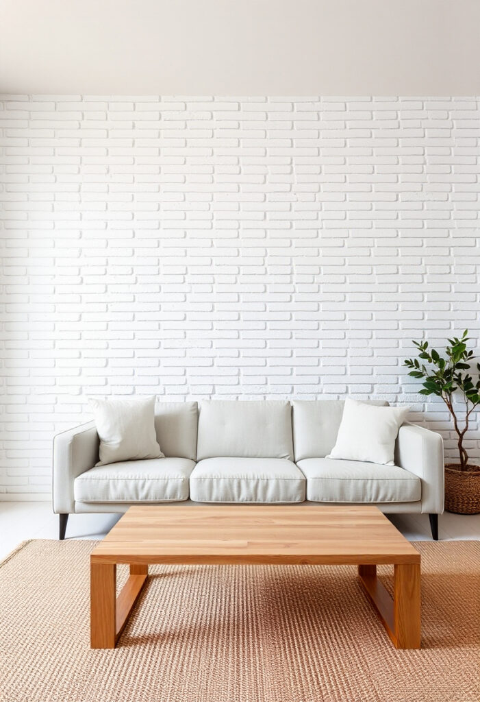 A minimalist living room featuring one whitewashed brick accent wall.