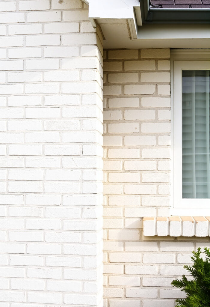 An exterior of a house with whitewashed brick façade