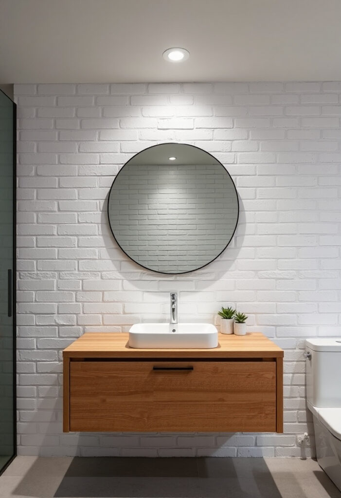A modern bathroom with a whitewashed brick wall behind a floating wood vanity.