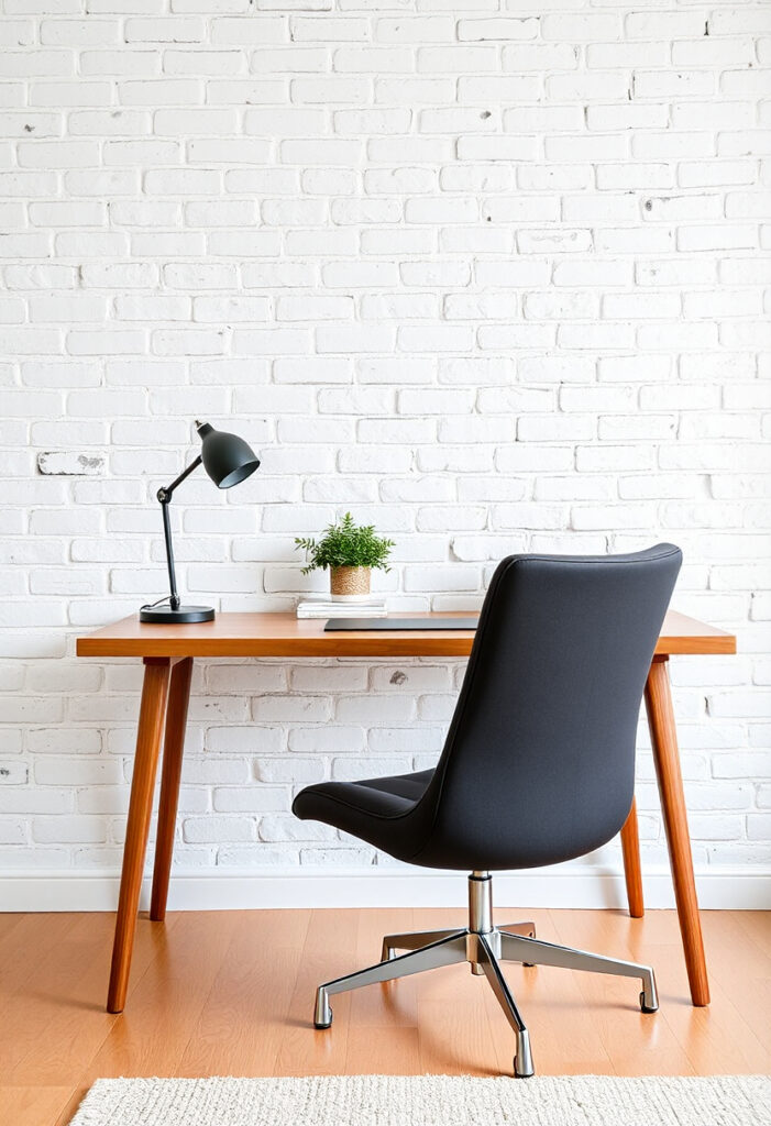 A home office setup against a whitewashed brick wall.