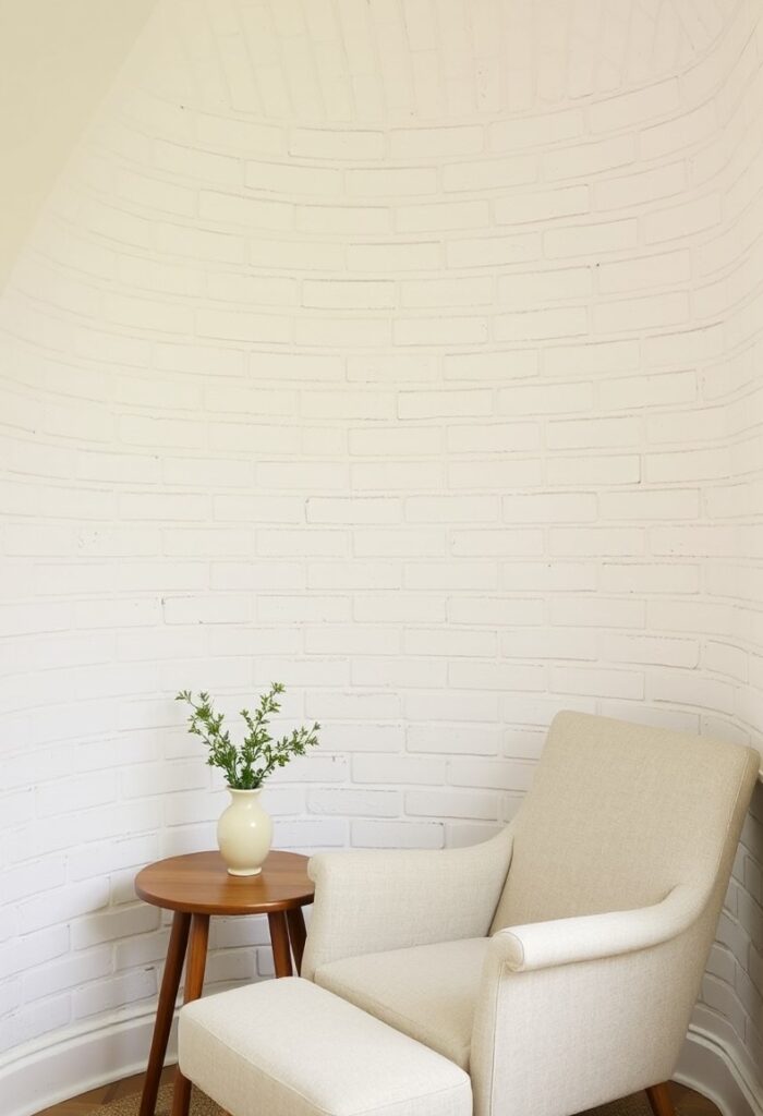 "Curved whitewashed brick wall.