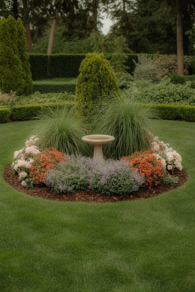 a circular flower bed in the center of a vibrant green lawn, with ornamental grasses and layered blooms.
