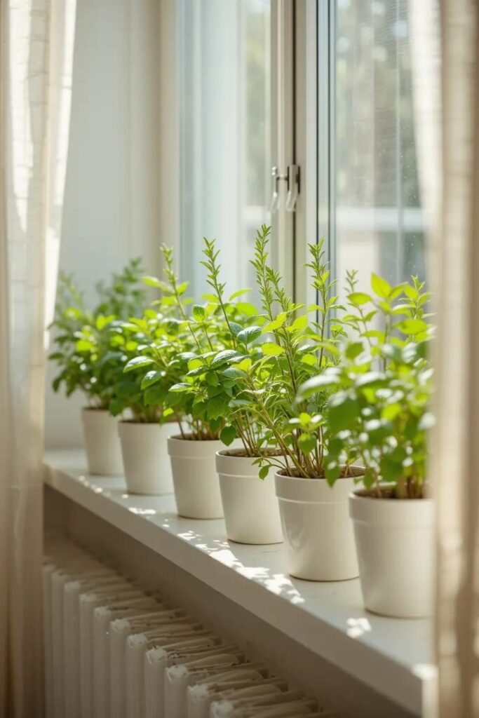 apartment window with a white-painted wooden sill, lined with compact herb plants.