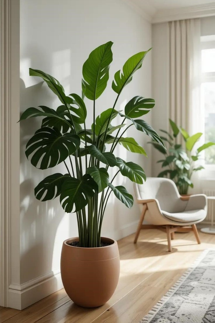 an apartment corner with a tall Monstera Deliciosa in a matte terracotta planter.
