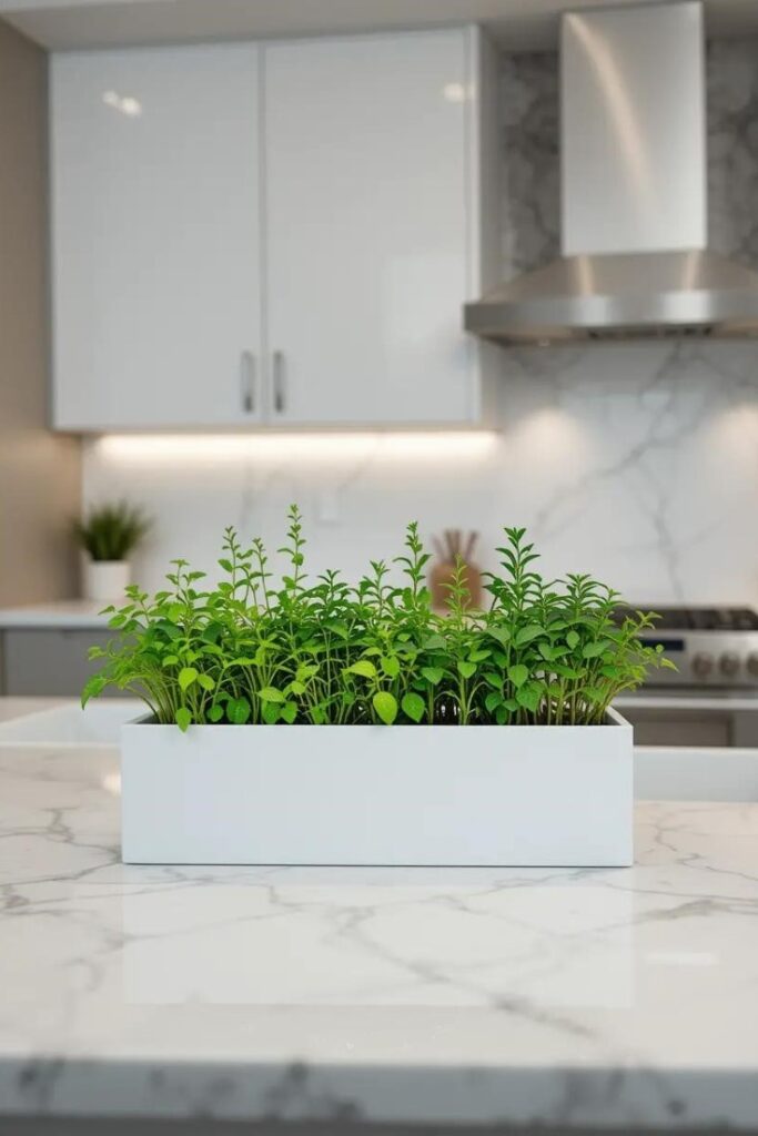 A modern kitchen countertop with a small herb garden.