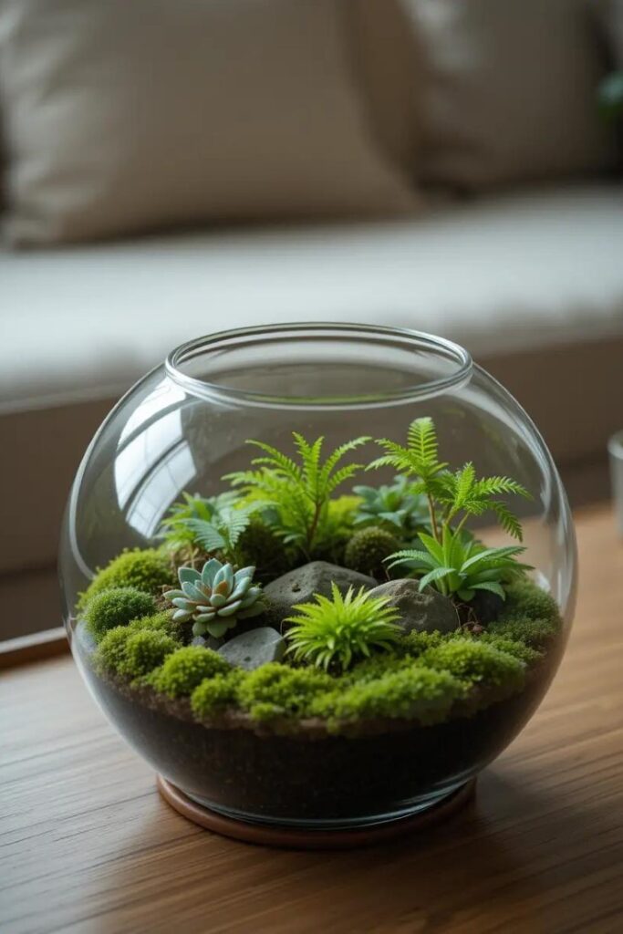a glass terrarium with moss, miniature ferns