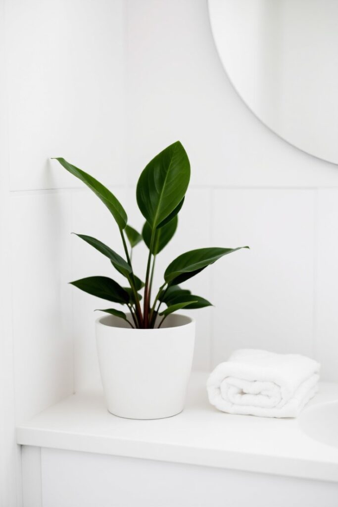 bathroom scene with a small Peace Lily in a plain white ceramic pot placed on a clean countertop.