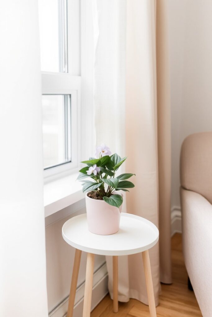 A small side table by an apartment window with a single potted flowering plant.