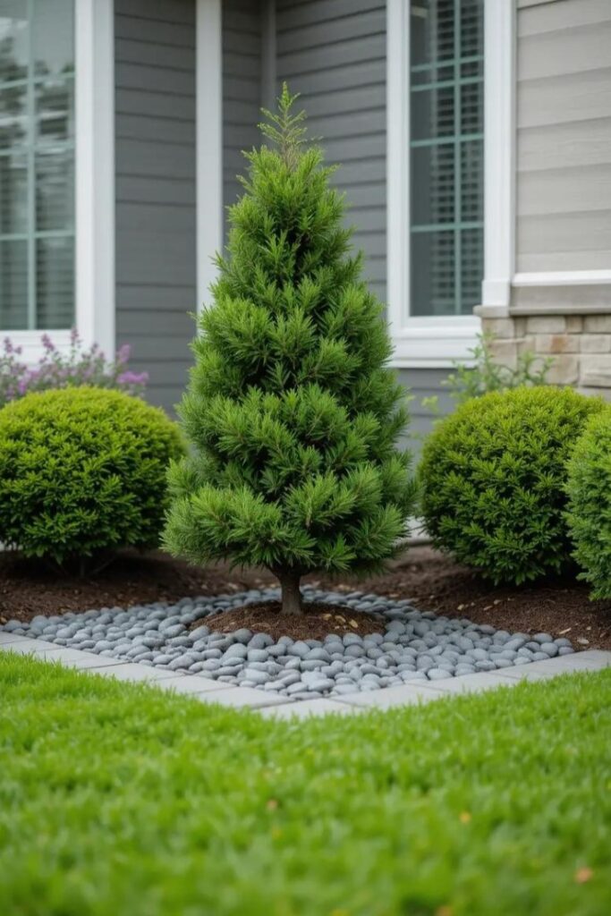 front yard corner with a small mugo pine and boxwood shrubs.