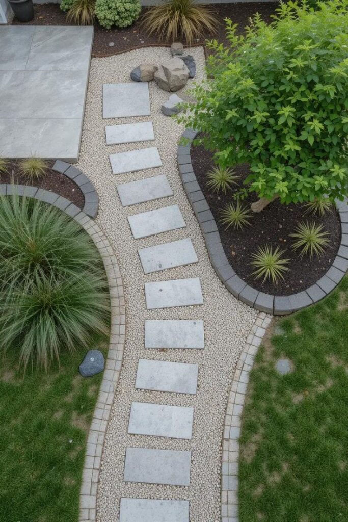 A front yard layout from above showing curved, narrow walkways with fine gravel and compact planting pockets.