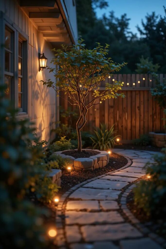 front yard shot at dusk, with solar path lights gently illuminating a stone path and warm uplighting on a small tree.